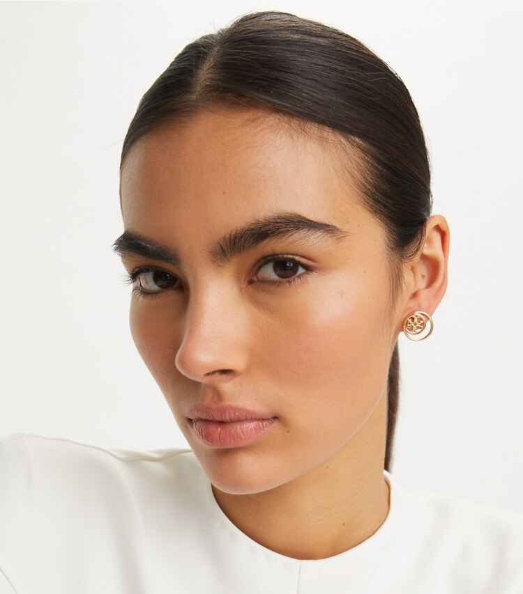 Tory Burch designer earrings Miller Double Ring Stud in Tory Gold accessory on model