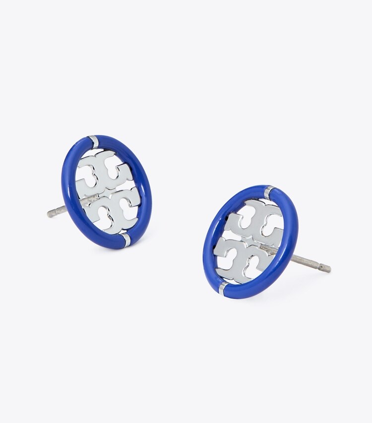 Tory Burch designer earrings Miller Enamel 12mm Stud Earring in Tory Silver / Nautical Blue detail