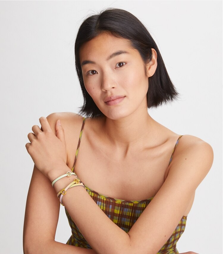 Tory Burch designer bracelets Miller Enamel Double-Wrap Bracelet in Tory Gold / Pink Multi accessory on model