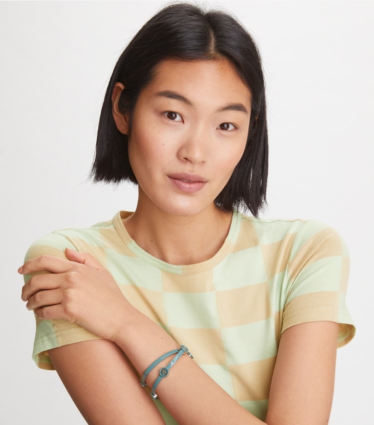 Tory Burch designer bracelets Miller Enamel Double-Wrap Bracelet in Tory Gold / Gold Silver / French Cream accessory on model
