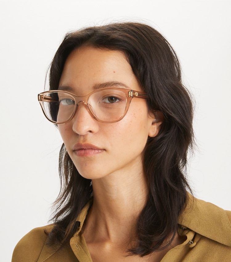 Tory Burch designer sunglasses & eyewear Miller Eyeglasses in TRANSPARENT BROWN accessory on model