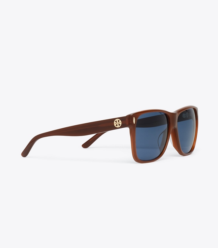 Tory Burch designer sunglasses & eyewear Miller Flat Top Square in AMBER BROWN/BLUE detail