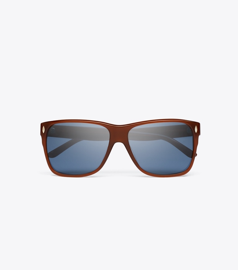 Tory Burch designer sunglasses & eyewear Miller Flat Top Square in AMBER BROWN/BLUE overhead