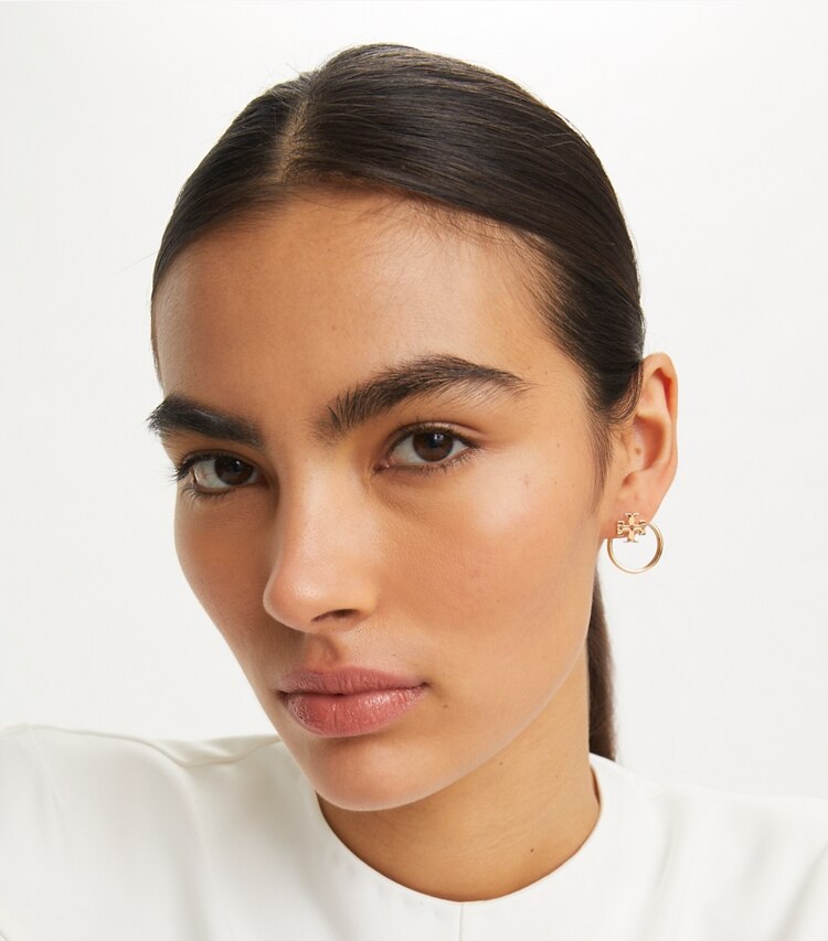 Tory Burch designer earrings Miller Front-Back Earring in Tory Gold accessory on model