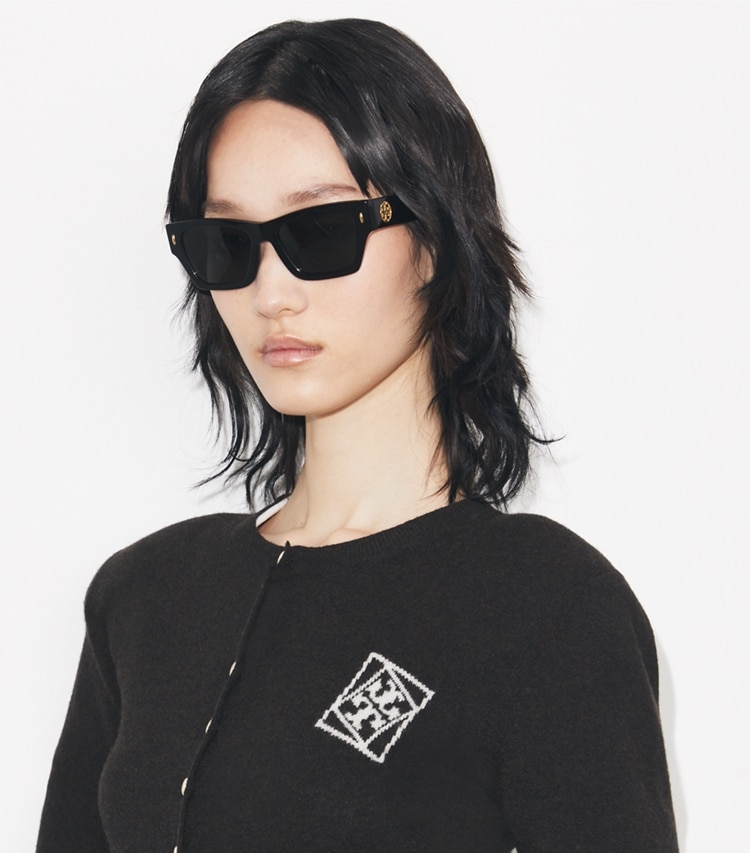 Tory Burch designer sunglasses & eyewear Miller Geometric Sunglasses in BLACK accessory on model