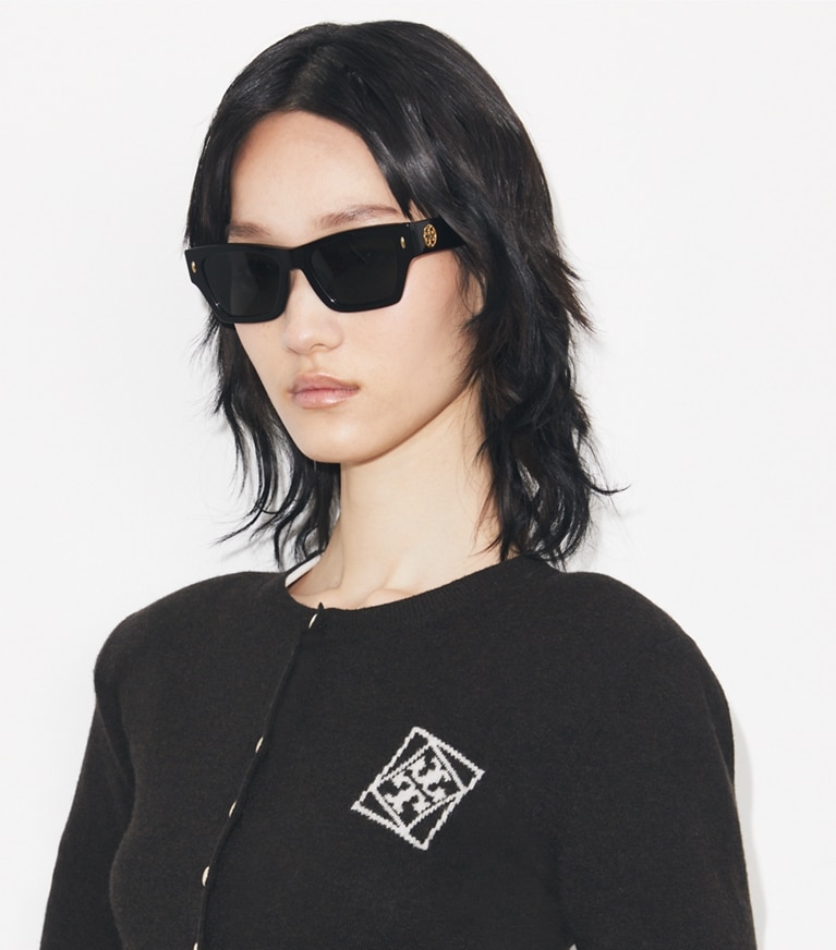 Tory Burch designer sunglasses & eyewear Miller Geometric Sunglasses in BLACK accessory on model