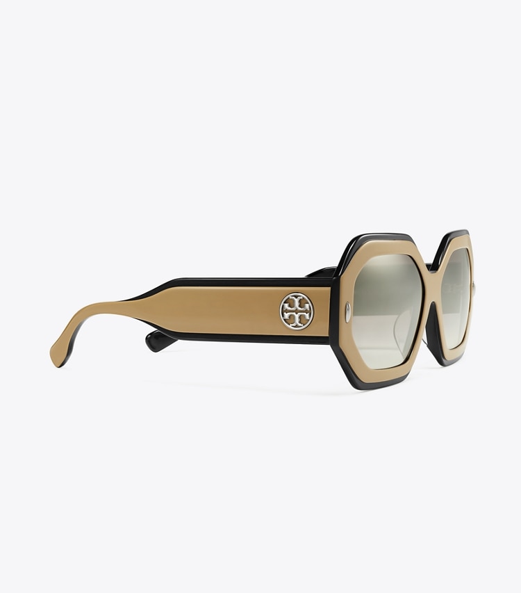 Tory Burch designer sunglasses & eyewear Miller Geometric Sunglasses in NAVY/BEIGE/CLEAR GRAD MIRROR SILVER detail