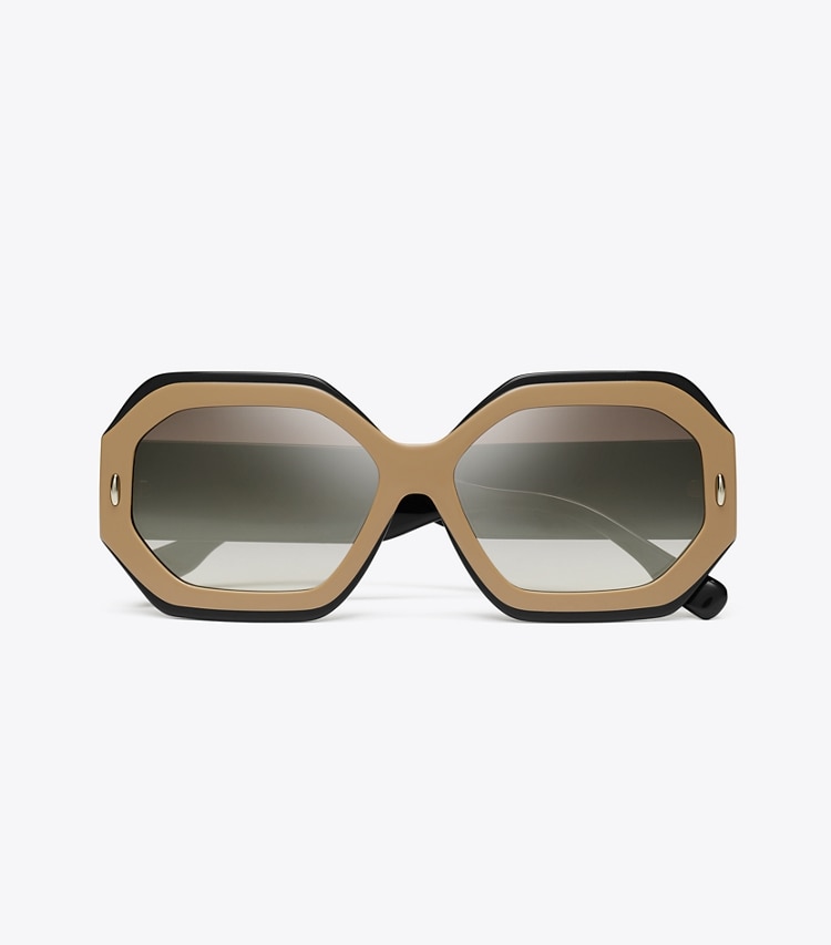 Tory Burch designer sunglasses & eyewear Miller Geometric Sunglasses in NAVY/BEIGE/CLEAR GRAD MIRROR SILVER overhead