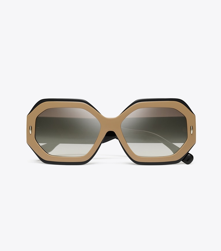 Tory Burch designer sunglasses & eyewear Miller Geometric Sunglasses in NAVY/BEIGE/CLEAR GRAD MIRROR SILVER front