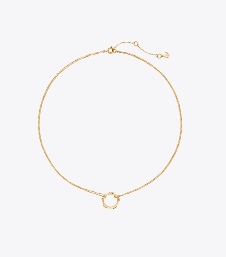 Tory Burch designer halsketten Miller Halskette mit nietenbesetztem Ringanhänger in Tory Gold front