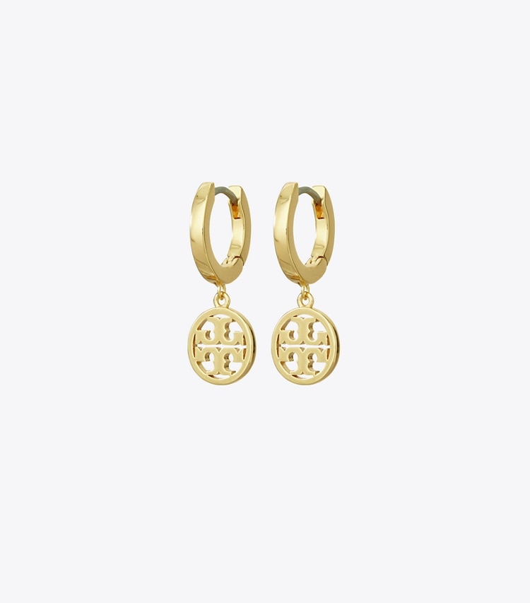 Tory Burch designer earrings Miller Huggie Hoop Earrings in Tory Gold front