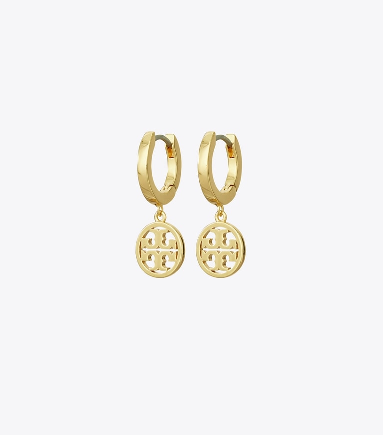Tory Burch designer earrings Miller Huggie Hoop Earrings in Tory Gold detail