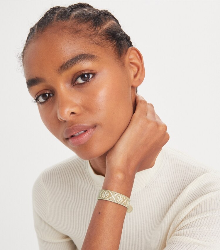 Tory Burch designer bracelets Miller Leather Bracelet in Tory Gold / Shell Pink / Muscadine accessory on model
