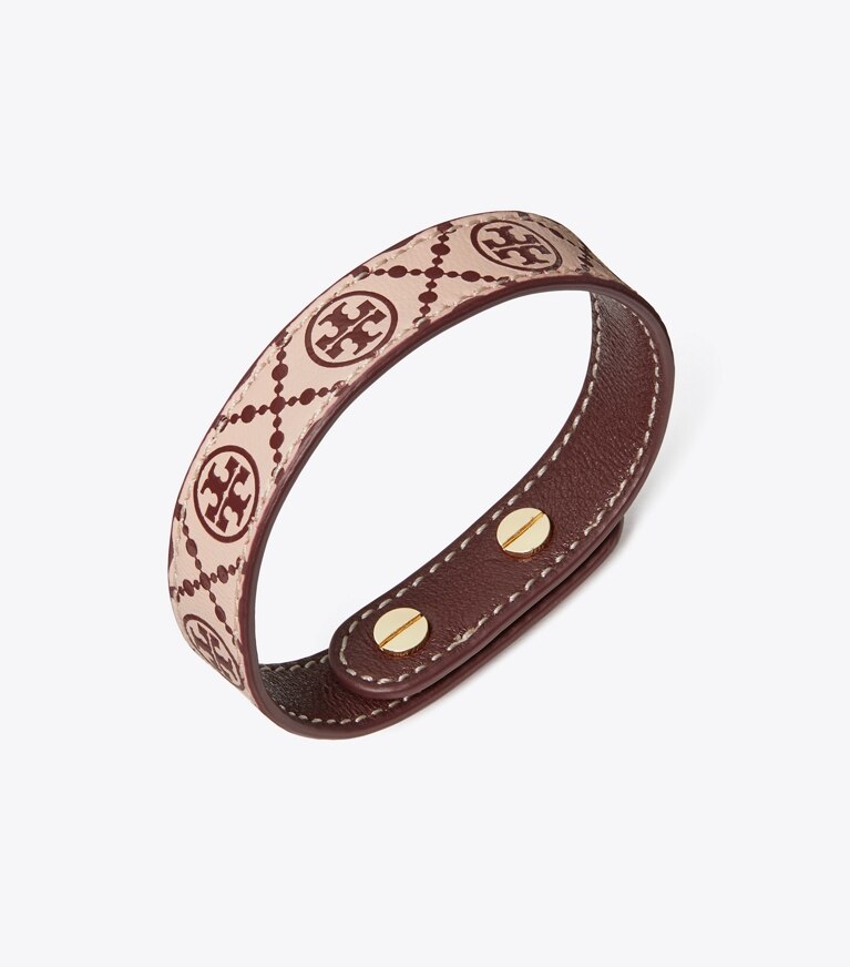 Tory Burch designer bracelets Miller Leather Bracelet in Tory Gold / Shell Pink / Muscadine front