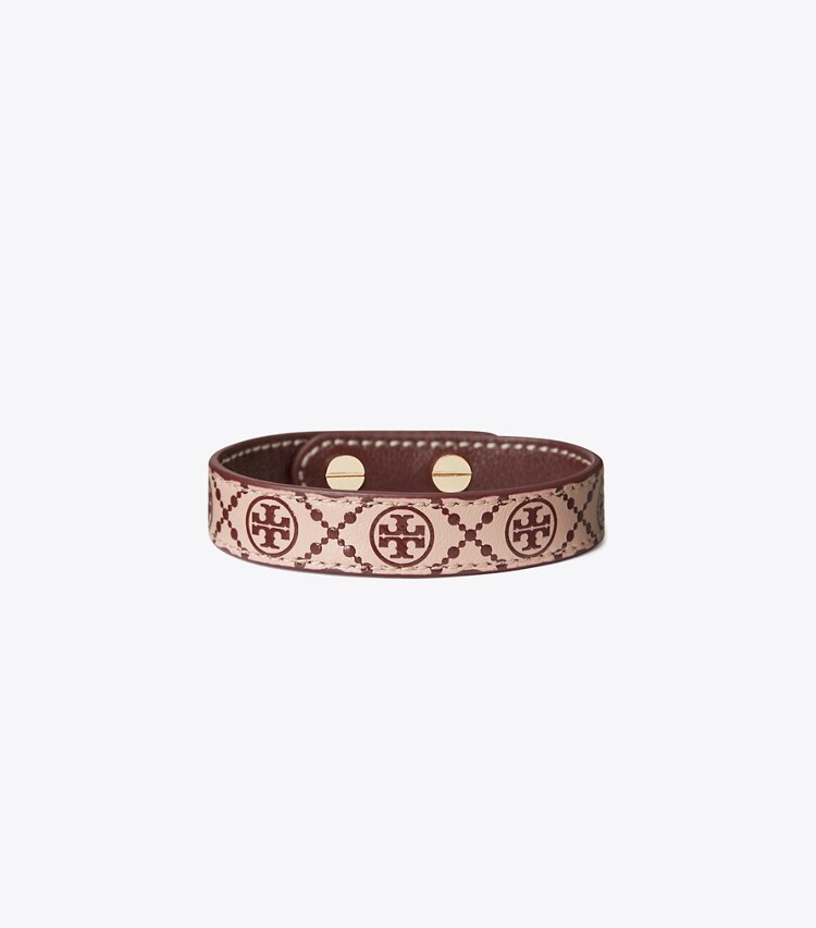 Tory Burch designer bracelets Miller Leather Bracelet in Tory Gold / Shell Pink / Muscadine front
