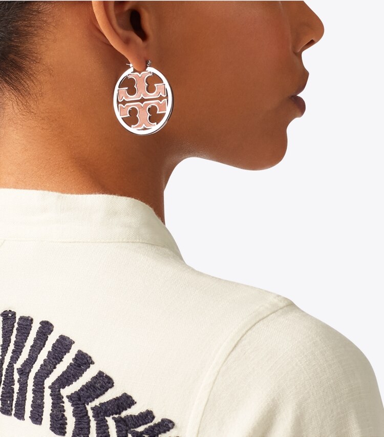 Tory Burch designer earrings Miller Leather-Inlay Hoop Earring in Tory Silver/Vachetta accessory on model