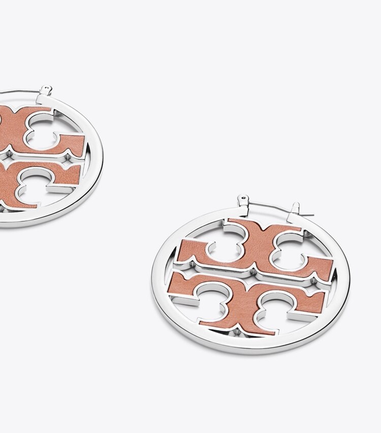 Tory Burch designer earrings Miller Leather-Inlay Hoop Earring in Tory Silver/Vachetta detail