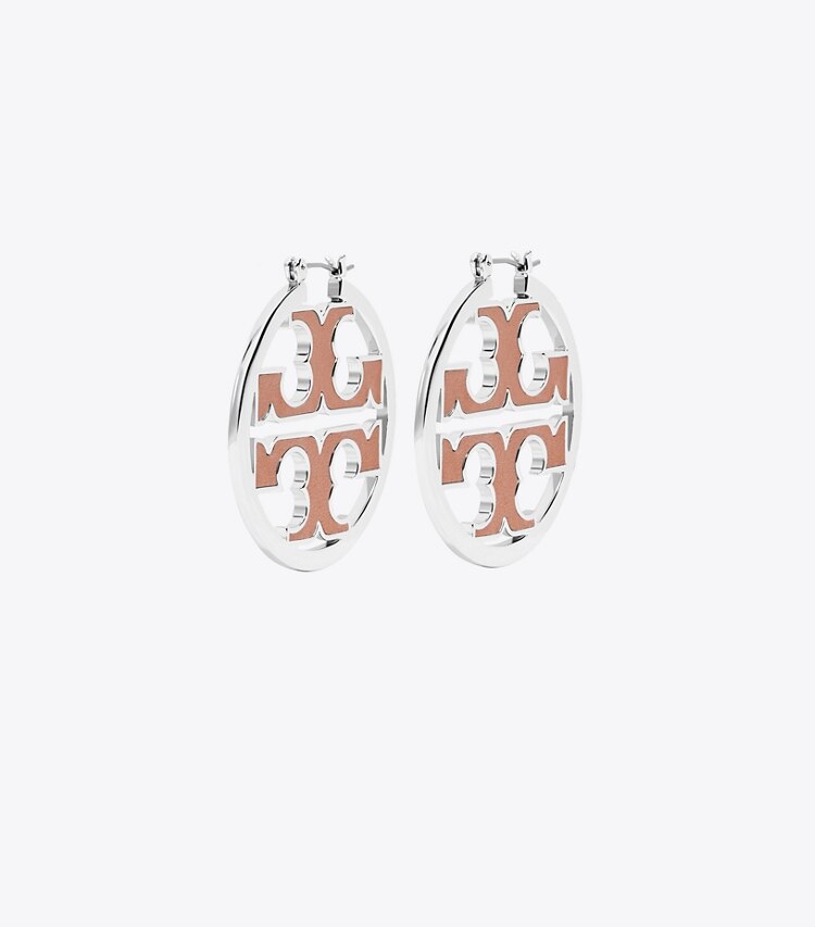 Tory Burch designer earrings Miller Leather-Inlay Hoop Earring in Tory Silver/Vachetta front