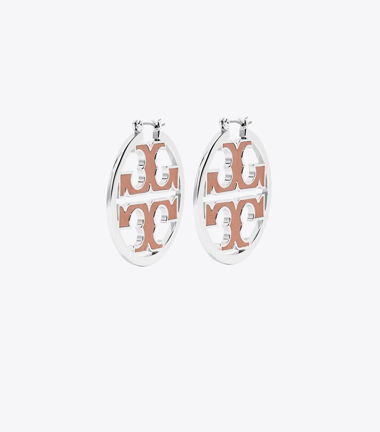 Tory Burch designer earrings Miller Leather-Inlay Hoop Earring in Tory Silver/Vachetta front