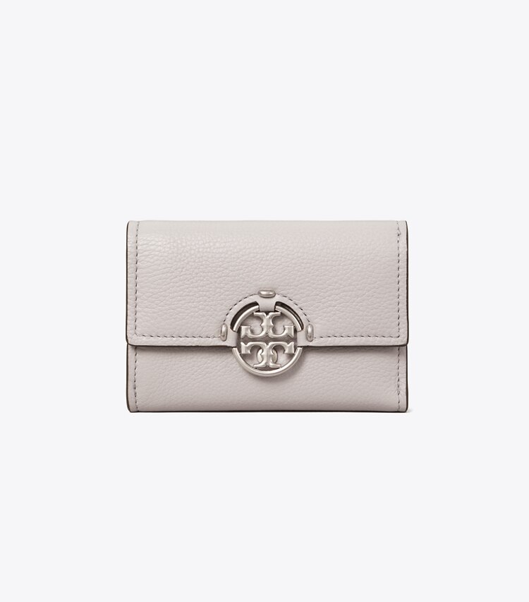 Tory Burch designer wallets Miller Medium Flap Wallet in Bay Gray front