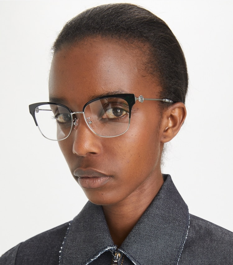 Tory Burch designer sunglasses & eyewear Miller Metal Clubmaster Eyeglasses in SILVER/BLACK accessory on model