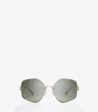 Tory Burch designer sunglasses & eyewear Miller Metal Geometric Sunglasses in SHINY GOLD/DARK GREEN front