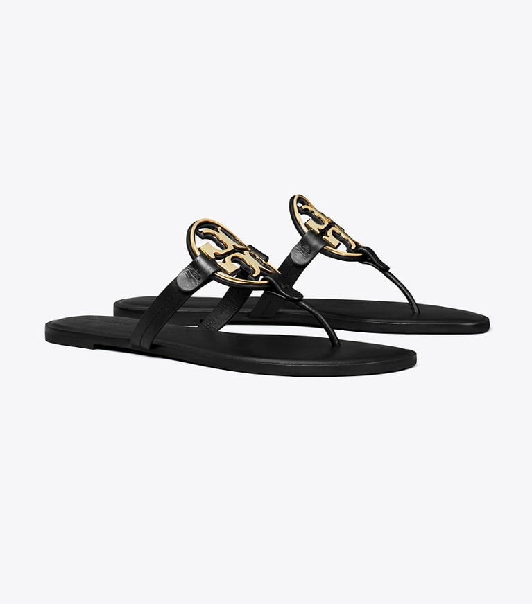 Tory Burch designer sandals Miller Metal Logo Sandal in PERFECT BLACK / GOLD angle