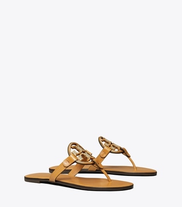 Tory Burch designer sandals Miller Metal Logo Sandal in WALNUT / GOLD angle