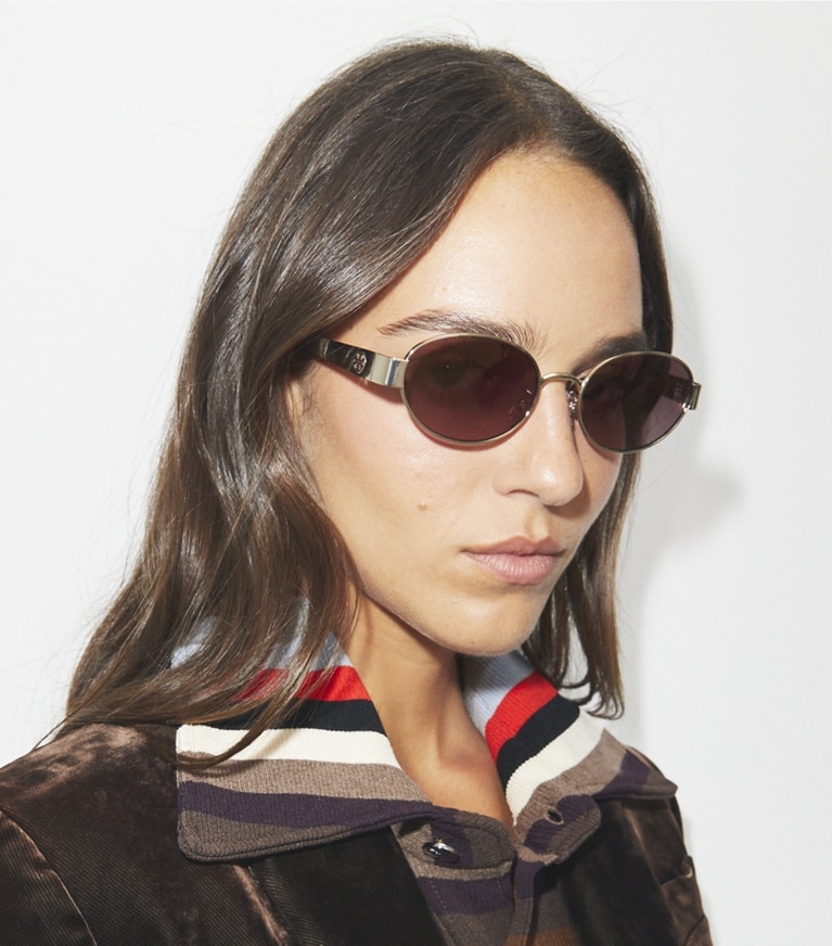 Tory Burch designer sunglasses & eyewear Miller Metal Oval Sunglasses in SHINY LIGHT GOLD/LGHT PINK GRAD. MIRROR front