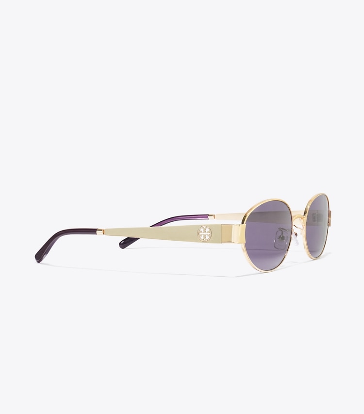 Tory Burch designer sunglasses & eyewear Miller Metal Oval Sunglasses in SHINY LIGHT GOLD/PURPLE detail