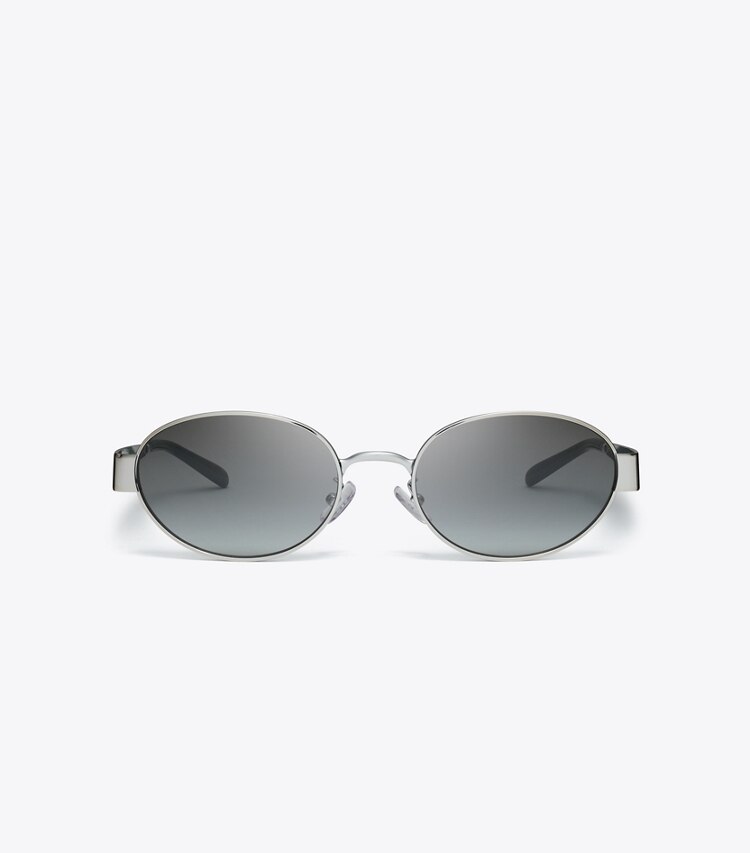 Tory Burch designer sunglasses & eyewear Miller Metal Oval Sunglasses in SILVER/GREY GRADIENT front