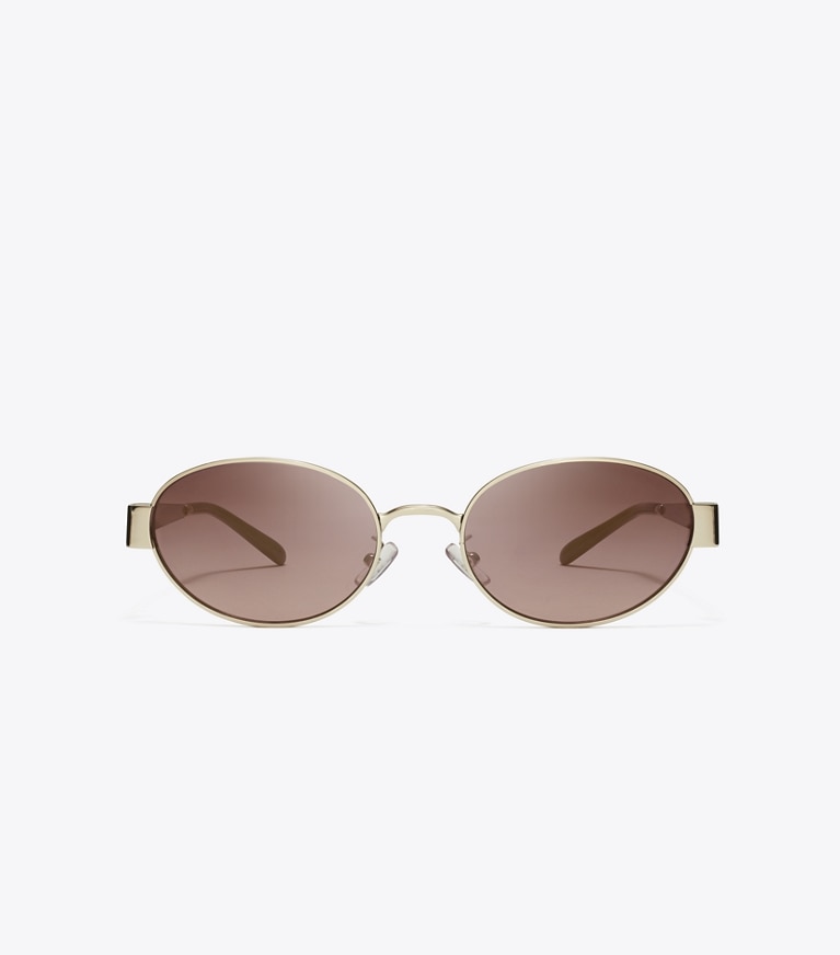 Tory Burch designer sunglasses & eyewear Miller Metal Oval Sunglasses in SHINY LIGHT GOLD/LGHT PINK GRAD. MIRROR front