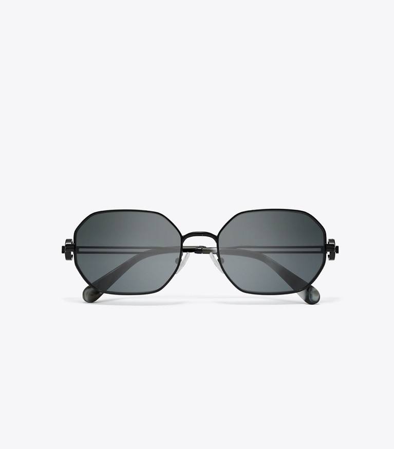 Tory Burch designer sunglasses & eyewear Miller Metal Oval Sunglasses in SHINY BLACK/DARK GREY front