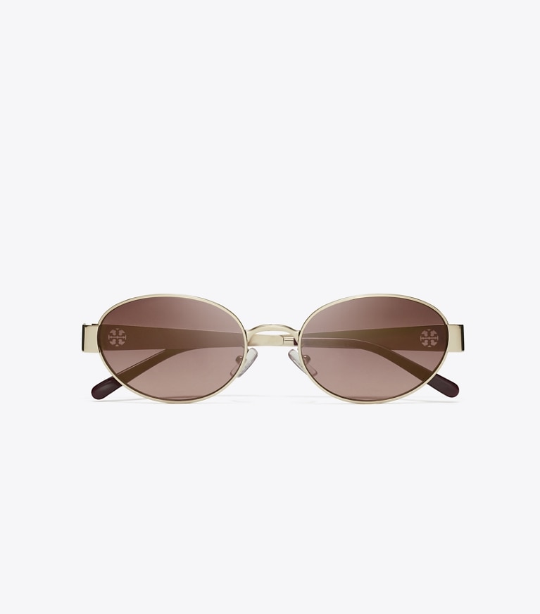 Tory Burch designer sunglasses & eyewear Miller Metal Oval Sunglasses in SHINY LIGHT GOLD/LGHT PINK GRAD. MIRROR front