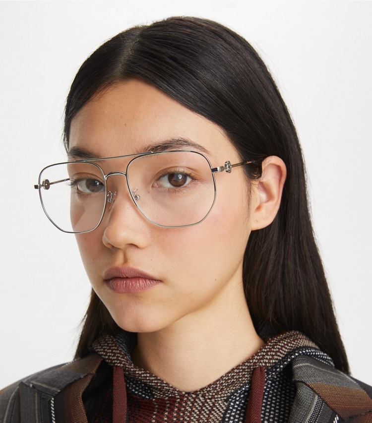 Tory Burch designer sunglasses & eyewear Miller Metal Pilot Eyeglasses in SILVER 1 accessory on model