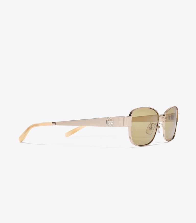 Tory Burch designer sunglasses & eyewear Miller Metal Rectangle Sunglasses in SHINY LIGHT GOLD/GREEN detail