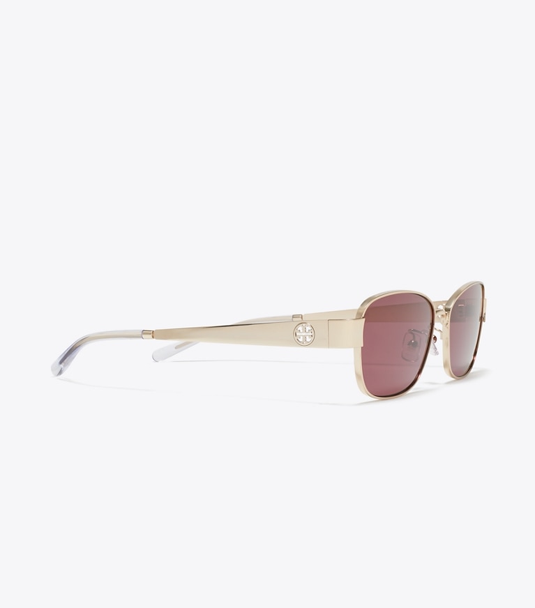 Tory Burch designer sunglasses & eyewear Miller Metal Rectangle Sunglasses in SHINY LIGHT GOLD/DARK VIOLET detail