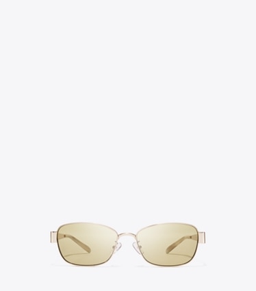 Tory Burch designer sunglasses & eyewear Miller Metal Rectangle Sunglasses in SHINY LIGHT GOLD/GREEN front