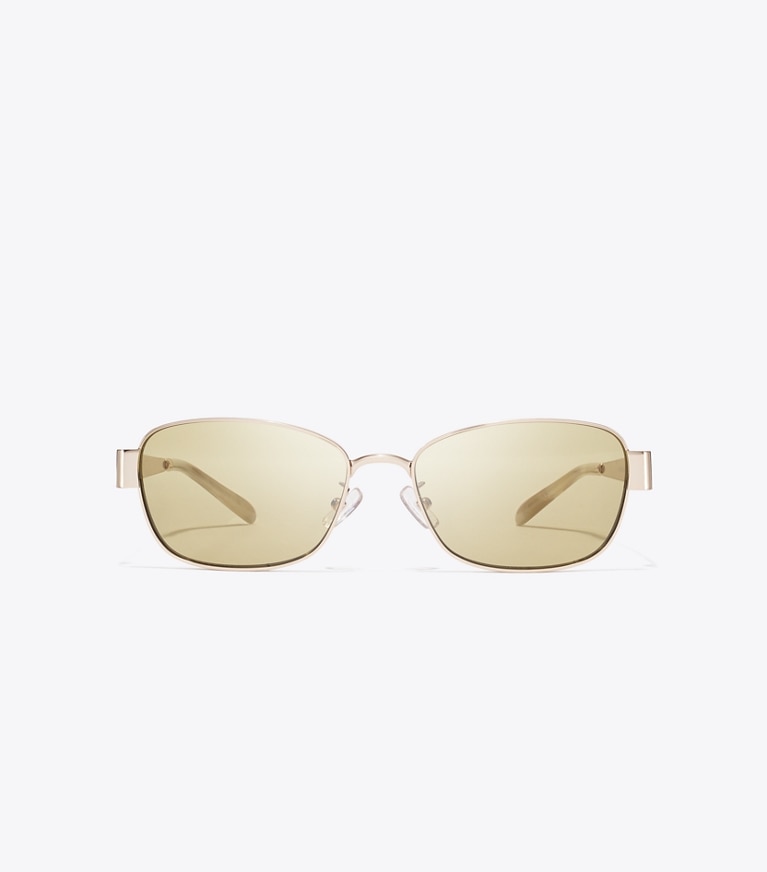 Tory Burch designer sunglasses & eyewear Miller Metal Rectangle Sunglasses in SHINY LIGHT GOLD/GREEN front