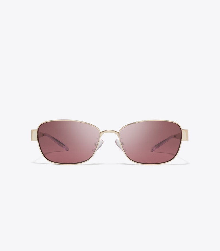 Tory Burch designer sunglasses & eyewear Miller Metal Rectangle Sunglasses in SHINY LIGHT GOLD/DARK VIOLET front