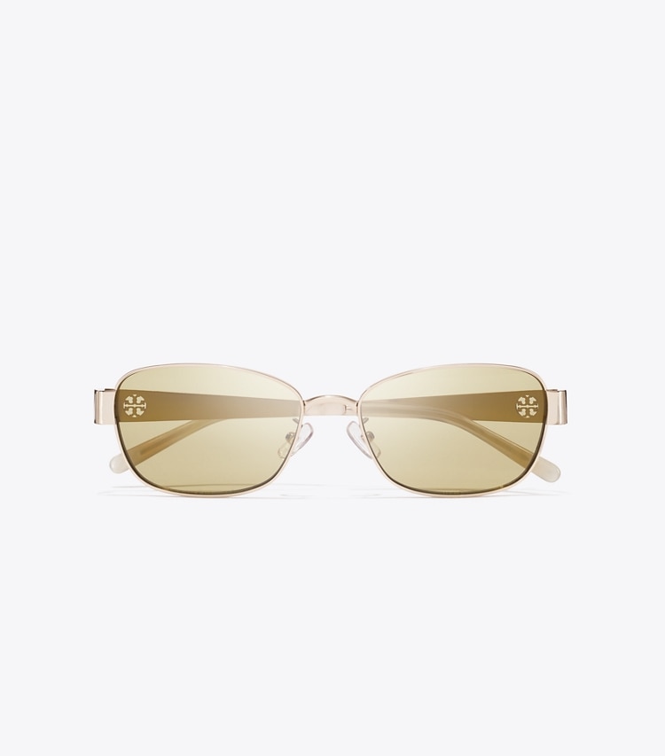 Tory Burch designer sunglasses & eyewear Miller Metal Rectangle Sunglasses in SHINY LIGHT GOLD/GREEN overhead