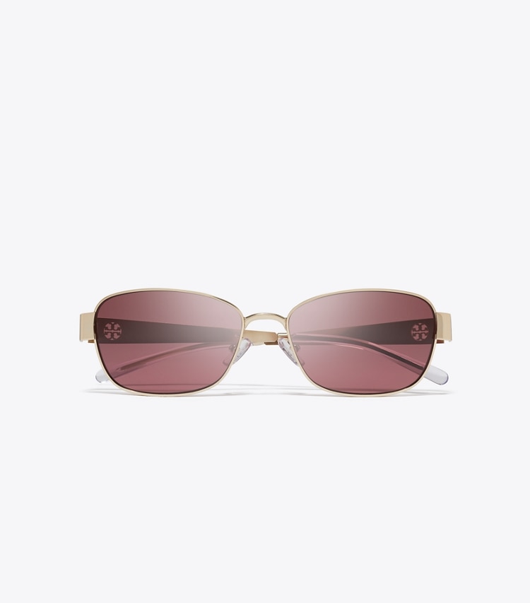 Tory Burch designer sunglasses & eyewear Miller Metal Rectangle Sunglasses in SHINY LIGHT GOLD/DARK VIOLET overhead
