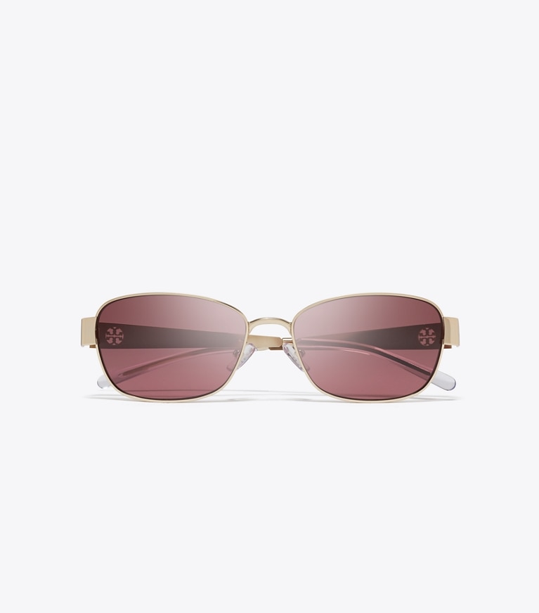 Tory Burch designer sunglasses & eyewear Miller Metal Rectangle Sunglasses in SHINY LIGHT GOLD/DARK VIOLET overhead