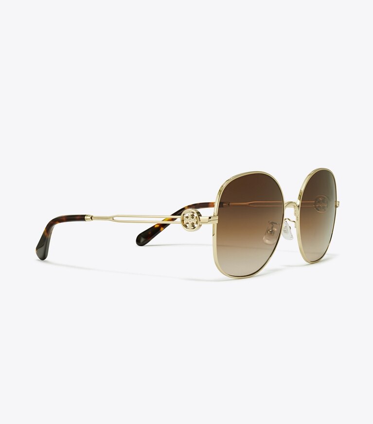 Tory Burch designer sunglasses & eyewear Miller Metal Round Sunglasses in SHINY LIGHT GOLD/BROWN GRADIENT detail