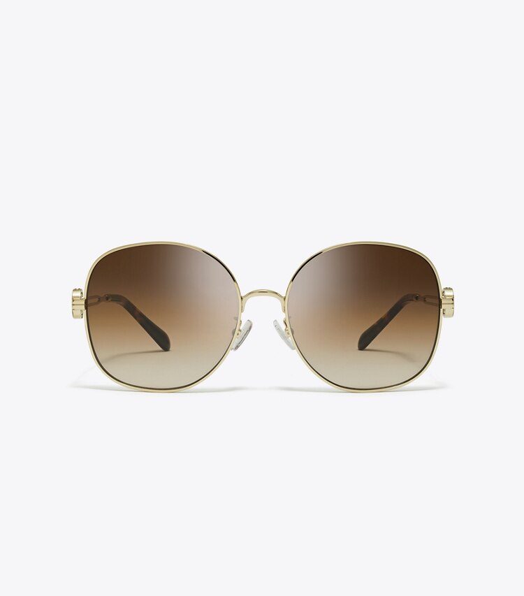 Tory Burch designer sunglasses & eyewear Miller Metal Round Sunglasses in SHINY LIGHT GOLD/BROWN GRADIENT front
