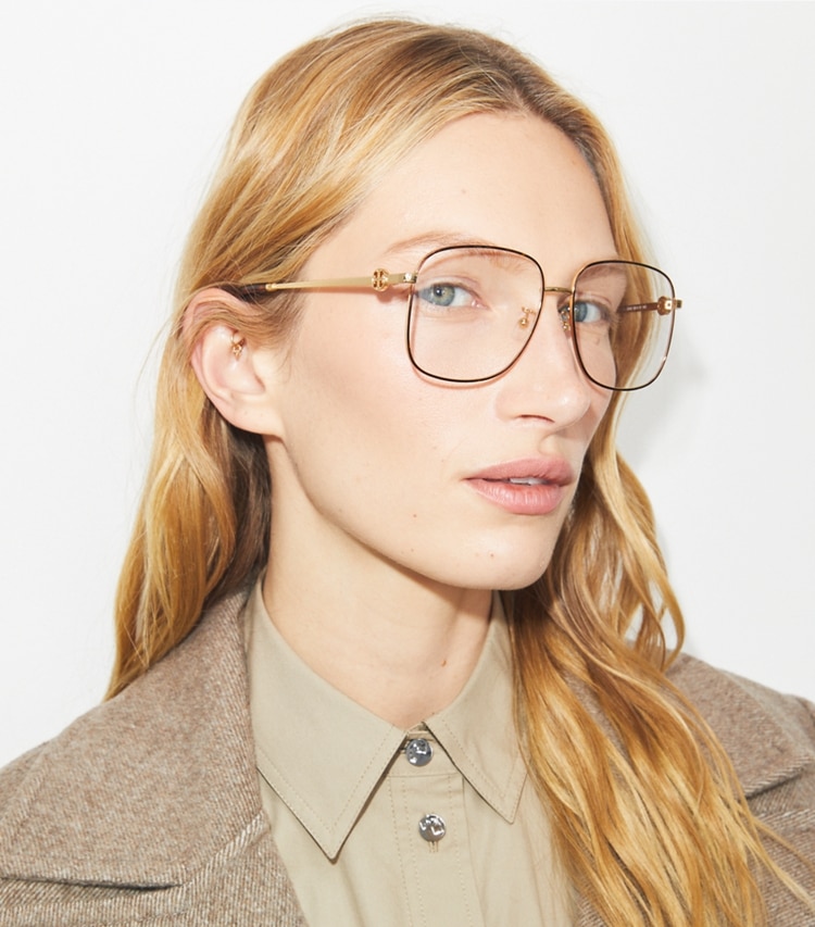 Tory Burch designer sunglasses & eyewear Miller Metal Square Eyeglasses in GOLD accessory on model