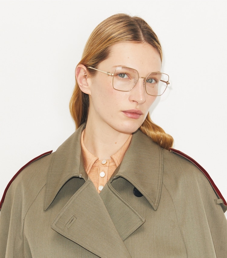 Tory Burch designer sunglasses & eyewear Miller Metal Square Eyeglasses in BRUSHED LIGHT GOLD accessory on model