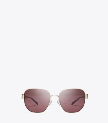 Tory Burch designer sunglasses & eyewear Miller Metal Square Sunglasses in BRUSHED LIGHT GOLD/WINE front