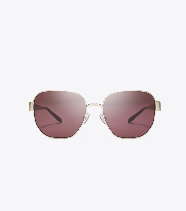 Tory Burch designer sunglasses & eyewear Miller Metal Square Sunglasses in BRUSHED LIGHT GOLD/WINE front