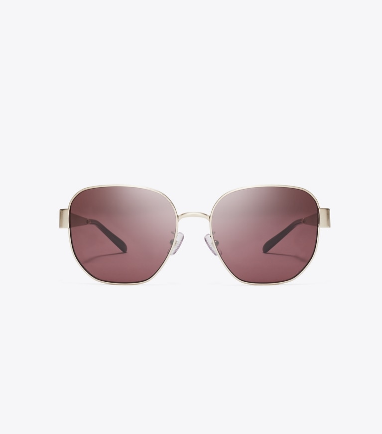 Tory Burch designer sunglasses & eyewear Miller Metal Square Sunglasses in BRUSHED LIGHT GOLD/WINE front